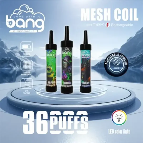 Bang 36K (36000) Puffs DTL LED Color Light 40ml E-liquid Type-C Charging 0% 2% 3% 5% Nicotine Disposable Vape Pen 1 Bang 36K (36000) Puffs DTL LED Color Light 40ml E-liquid Type-C Charging 0% 2% 3% 5% Nicotine Disposable Vape Pen drred.vip