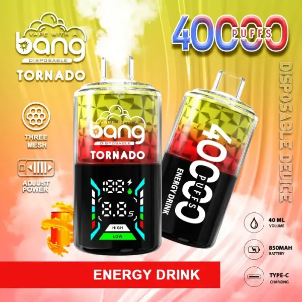 Bang Tornado 40K (40000) Puffs Large Smoke DTL Smart LED Display 0% 2% 3% 5% Nicotine 40mL E-liquid Disposable Vape 6 Bang Tornado 40K(40000) Puffs Large Smoke DTL Smart LED Display 0% 2% 3% 5% Nicotine 40mL E-liquid Disposable Vape