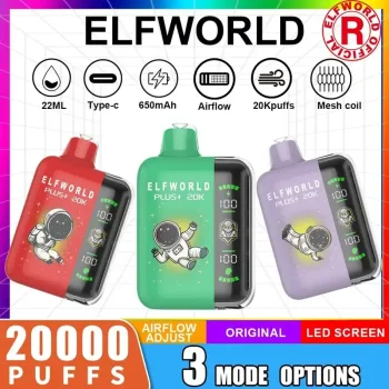 Elfworld PLUS 20000 Puffs nicotine strengths: 0%, 2%, 3%, and 5% LCD Screen Display 22ml e-liquid capacity Display Disposable Vape