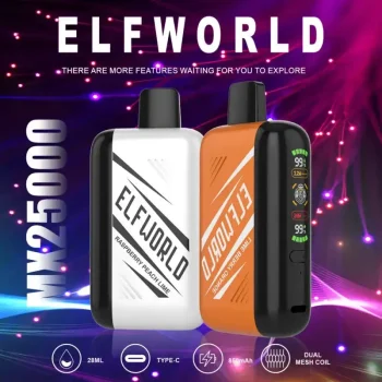 Elfworld MX25000 Puffs nicotine strengths: 0%, 2%, 3%, and 5% 3D LCD screen Display Disposable Vape