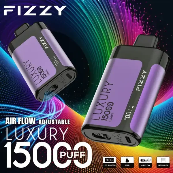 Fizzy Luxury 15K (15000) Puffs 22ML E-liquid Mesh Coil LCD Screen Adjustable Air Flow 15flavors 650mAh Rechargeable Battery 2% 5% Nicotine Disposable Vape