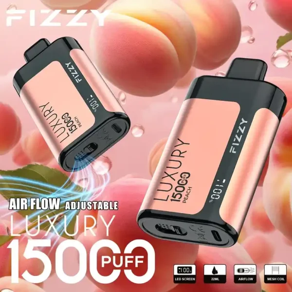 Fizzy Luxury 15K (15000) Puffs 22ML E-liquid Mesh Coil LCD Screen Adjustable Air Flow 15flavors 650mAh Rechargeable Battery 2% 5% Nicotine Disposable Vape