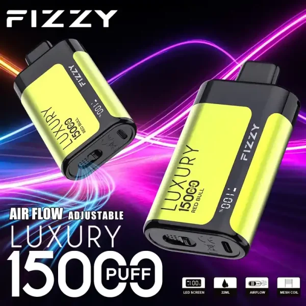 Fizzy Luxury 15K (15000) Puffs 22ML E-liquid Mesh Coil LCD Screen Adjustable Air Flow 15flavors 650mAh Rechargeable Battery 2% 5% Nicotine Disposable Vape