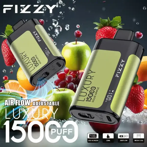 Fizzy Luxury 15K (15000) Puffs 22ML E-liquid Mesh Coil LCD Screen Adjustable Air Flow 15flavors 650mAh Rechargeable Battery 2% 5% Nicotine Disposable Vape