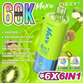 Fizzy Max III 6in1 60K (60000) Puffs LCD Display 60ml E-liquid 850 mAh Battery 2% 5% Nicotine 10 Flavors Disposable Vape