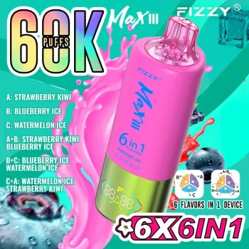 Fizzy Max III 6in1 60K (60000) Puffs LCD Display 60ml E-liquid 850 mAh Battery 2% 5% Nicotine 10 Flavors Disposable Vape