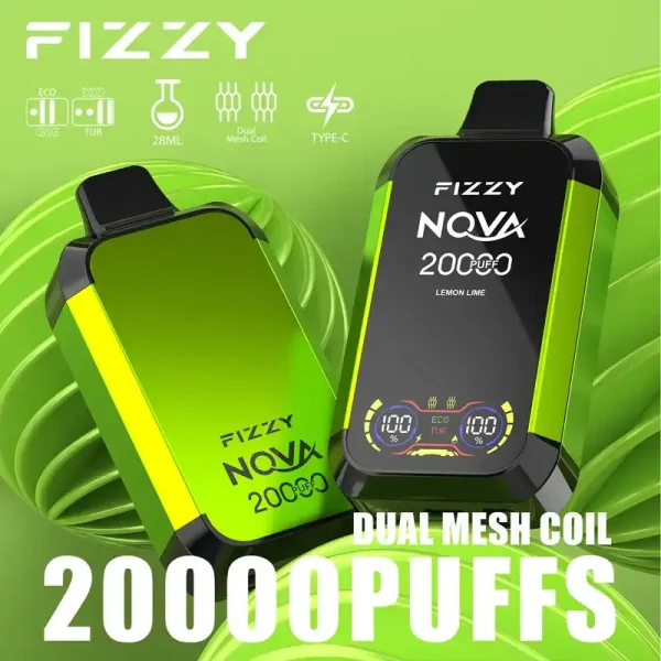Fizzy Nova 20K (20000) Puffs Dual Mesh Coil 28ML E-liquid LCD Screen 15flavors 850mAh Rechargeable Battery 2% 5% Nicotine Disposable Vape
