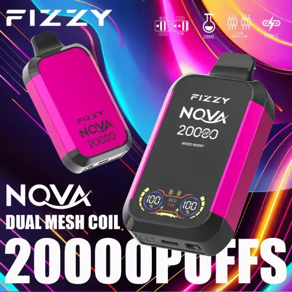 Fizzy Nova 20K (20000) Puffs Dual Mesh Coil 28ML E-liquid LCD Screen 15flavors 850mAh Rechargeable Battery 2% 5% Nicotine Disposable Vape