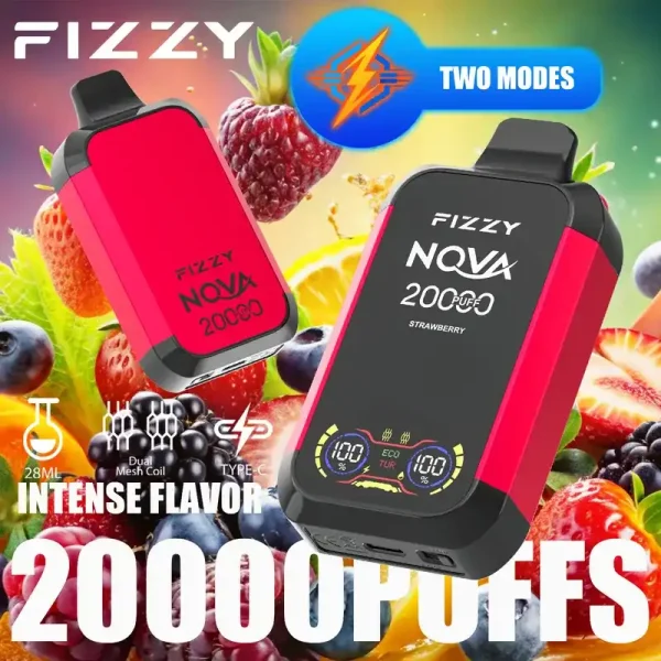 Fizzy Nova 20K (20000) Puffs Dual Mesh Coil 28ML E-liquid LCD Screen 15flavors 850mAh Rechargeable Battery 2% 5% Nicotine Disposable Vape