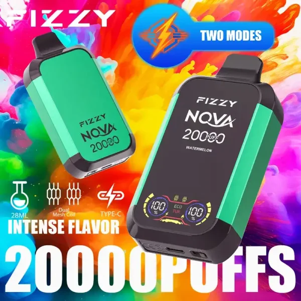 Fizzy Nova 20K (20000) Puffs Dual Mesh Coil 28ML E-liquid LCD Screen 15flavors 850mAh Rechargeable Battery 2% 5% Nicotine Disposable Vape