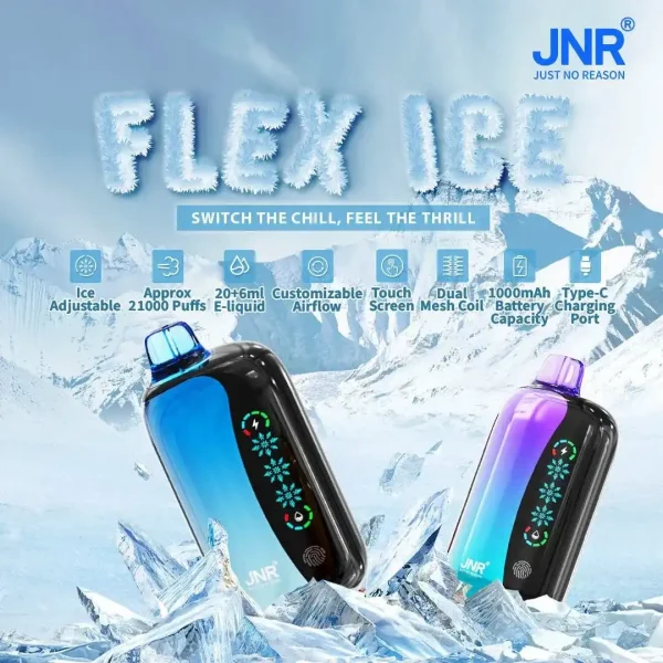 JNR Flex Ice 21K (21000) Puffs 0% 2% 5% Nicotine 26ml E-liquid 1000mAh Rechargeable Battery LED Display Disposable Vape 1 JNR Flex Ice 21K (21000) Puffs 0% 2% 5% Nicotine 26ml E-liquid 1000mAh Rechargeable Battery LED Display Disposable Vape