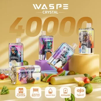 WASPE Crystal Double Flavors 40K (40000) Puffs 32mL E-liquid 0% 2% 5% Nicotine Smart LED Display Type-C Charging Disposable Vape
